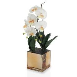 Phalaenopsis Artificial Flowers In Mirror Pot, White And Yellow – 63 Cms