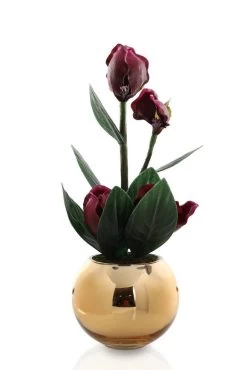 Magnolia Artificial Flowers In Gold Mirror Pot, Dark Lavender – 50 Cms