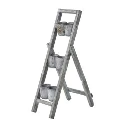 Wooden Ladder Stand With 6 Pots, Whitewash Grey – 100x33 Cms