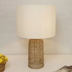 Rattan Table Lamp, Beige, White & Natural - 66 Cm