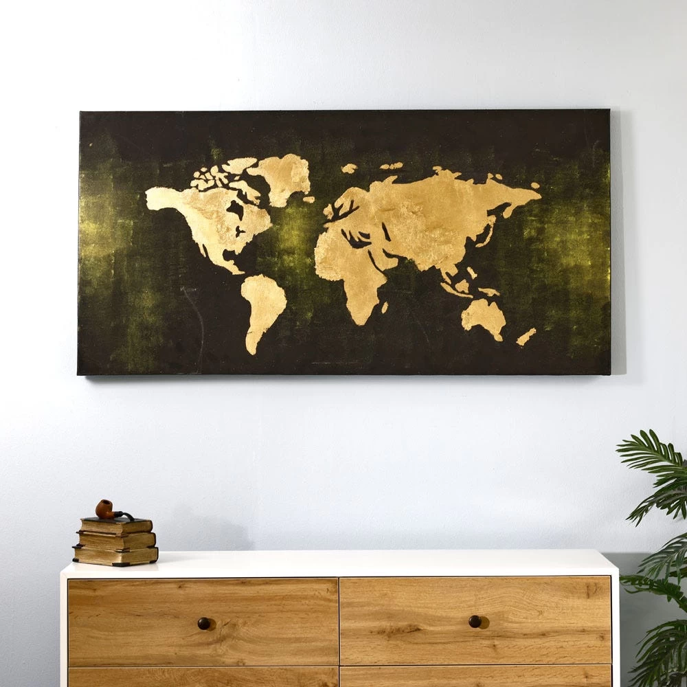 World Unframed Wall Art, Gold & Black - 150x75 Cm 1 World Unframed Wall Art, Gold & Black - 150x75 Cm