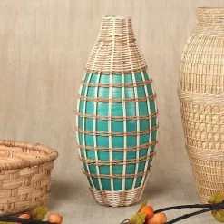 Evie Handwoven Bamboo Vase, Green & Natural - 17.5x40 Cms
