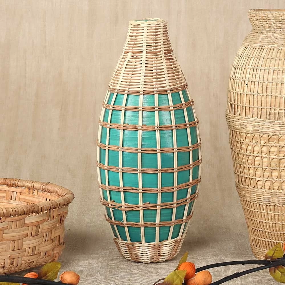 Evie Handwoven Bamboo Vase, Green & Natural - 17.5x40 Cms 1 Evie Handwoven Bamboo Vase, Green & Natural - 17.5x40 Cms