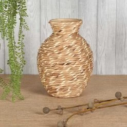 Rena Handcrafted Bamboo Hyacinth Vase, Natural & White – Small