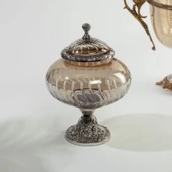 Tahia Decor Jar, Smoke & Nickle - 18x23.5 Cm