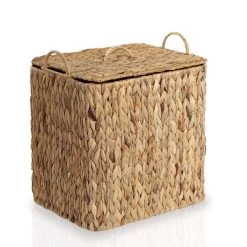 Water Hyacinth Tall Basket With Lid, Natural - 36 X 29 X 41 Cms
