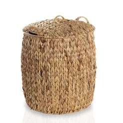 Water Hyacinth Drum Basket With Lid, Natural - 37 X 27 X 47 Cms