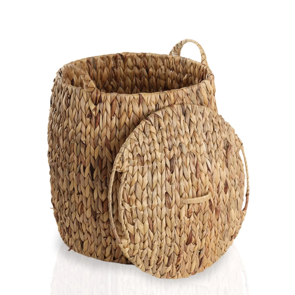 Water Hyacinth Drum Basket With Lid, Natural - 37 X 27 X 47 Cms 2 Water Hyacinth Drum Basket With Lid, Natural - 37 X 27 X 47 Cms - Image 2