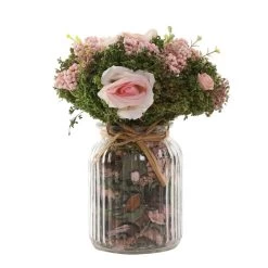 Mix Rose Artificial Flowers In Round Glass