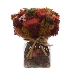 Mix Shola Artificial Flowers In Autumn Square Glass