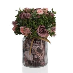 Artificial Mixed Roses With Glass Round Vase (Pink, 26 Cms)