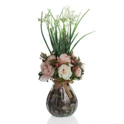 Artificial Rose & Gypso With Glass Vase (Pink, 37 Cms)
