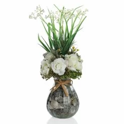 Artificial Rose & Gypso With Glass Vase (White, 37 Cms)