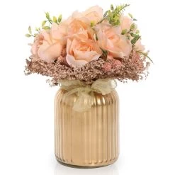 Pink French Rose Artificial Flowers In Gold Vase