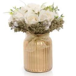White French Rose Artificial Flowers In Gold Vase