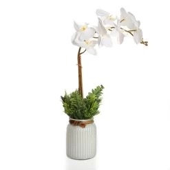 Orchid With Mix Grass Garden In White Glass Vase – 51 Cms