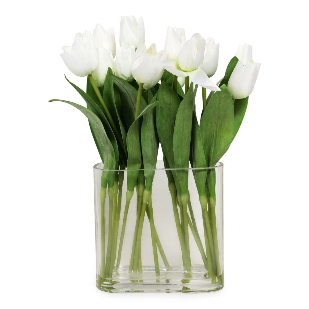 Artificial Tulip In Glass Vase, White - 39 Cm 1 Artificial Tulip In Glass Vase, White - 39 Cm