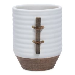 Ceramic And Rattan Planter, White & Brown - 18 Cm
