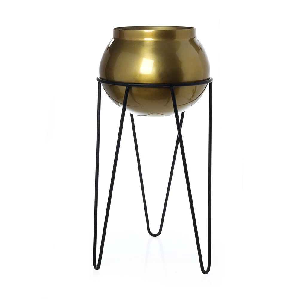 Metal Planter Pot On Stand, Gold & Black – Large 2 Metal Planter Pot On Stand, Gold & Black – Large - Image 2