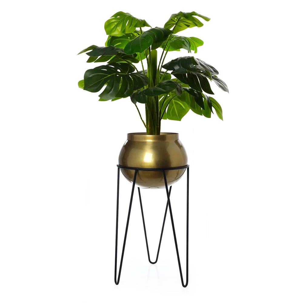 Metal Planter Pot On Stand, Gold & Black – Large 1 Metal Planter Pot On Stand, Gold & Black – Large