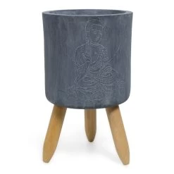 Buddha Wooden-Legged Planter, Grey & White - 48 Cm