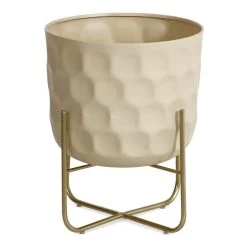 Large White Metal Planter Set With Stand, Beige & Gold - 32x39 Cm