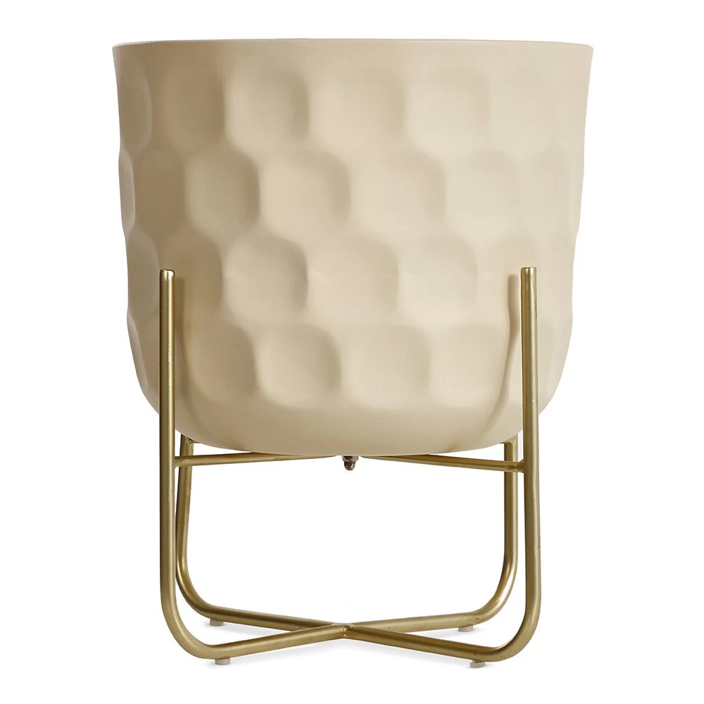 Large White Metal Planter Set With Stand, Beige & Gold - 32x39 Cm 2 Large White Metal Planter Set With Stand, Beige & Gold - 32x39 Cm - Image 2
