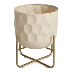 Small White Metal Planter Set With Stand, Beige & Gold - 26x30 Cm