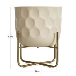 Small White Metal Planter Set With Stand, Beige & Gold - 26x30 Cm -decoration 5110900503312 4 2